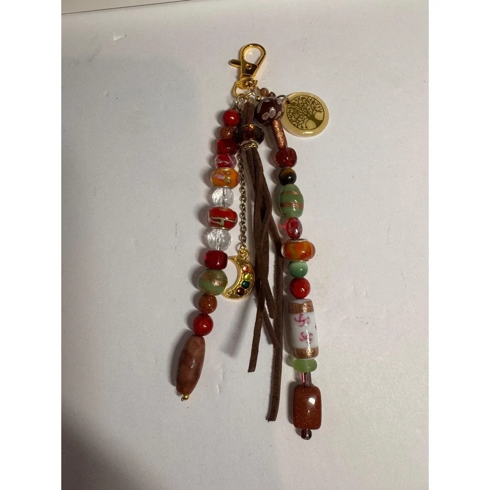 Boho Beaded Bag Purse Charm‎ reds & brown colors gold tone Gift